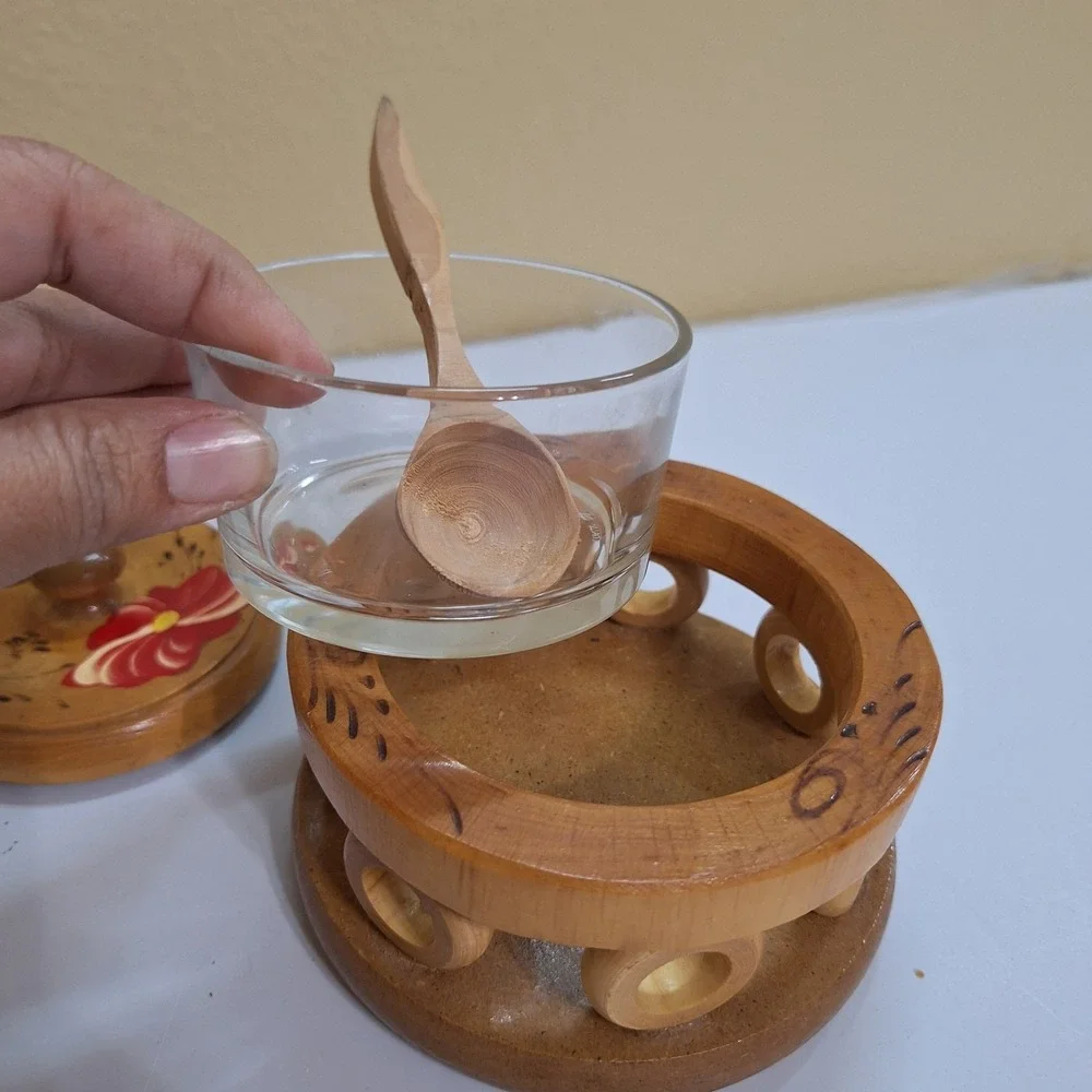 Handmade In Mexico Salsa Condiment Sugar Bowl With Lid/Spoon‎ Glass Bowl